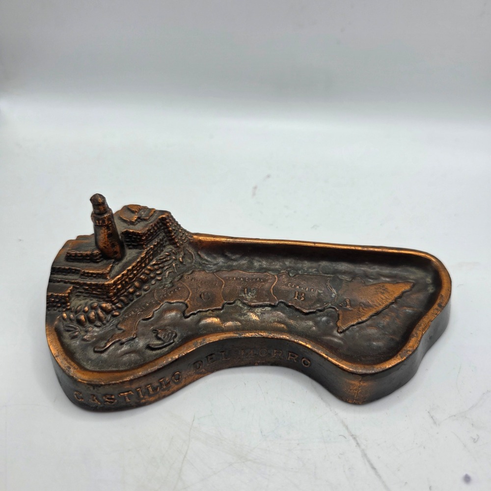 Vintage Castillo del Morro Cuba Metal Map Trinket Dish Souvenir Copper Tone